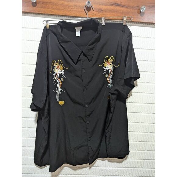 King Size for Tall & Big Men Black Short Sleeve Button-Down Dragon Embroidery Sh - Picture 1 of 5